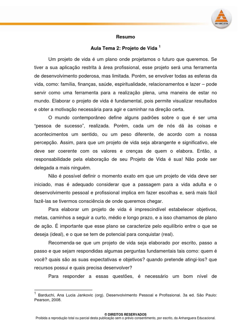 1 Resumo Projeto de Vida Dez2010 A4 | PDF | Vida | Motivação