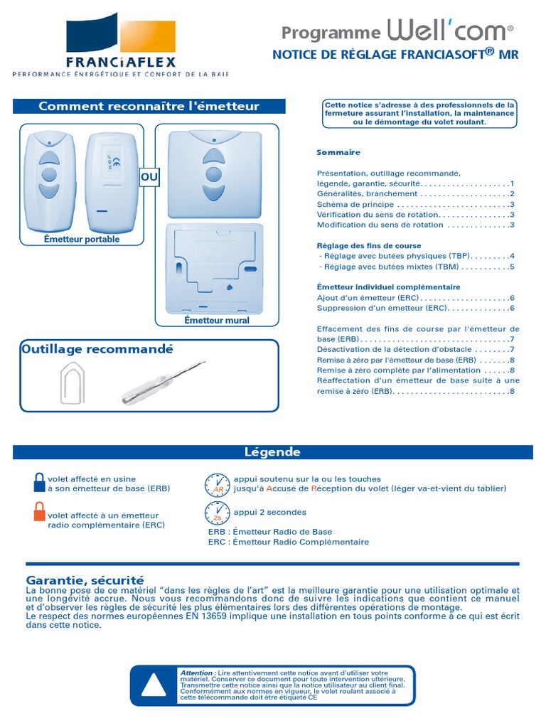 Notice Telecommande France Fermeture Volet Roulant Well com Notice Reglage Moteur Franciasoft Wellcom | PDF | Émetteur | Électricité