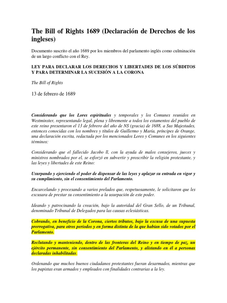 The Bill of Rights 1689 | PDF | Parlamento | Casa de señores