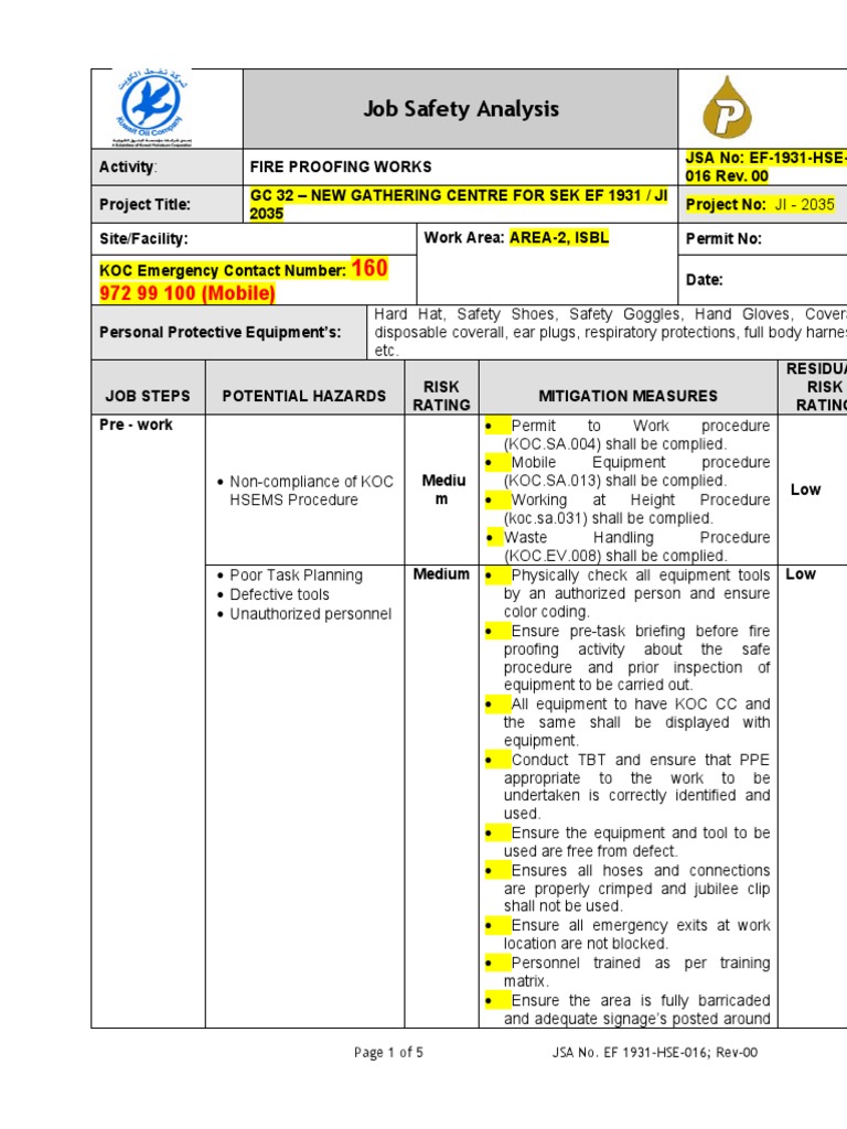 JSA - Fire Proofing Works | PDF | Personal Protective Equipment ...