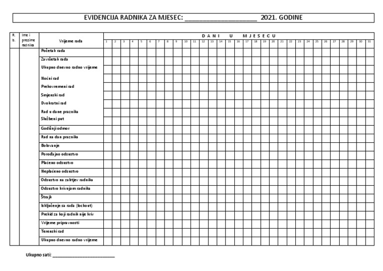Evidencija Radnika Za Mjesec | PDF