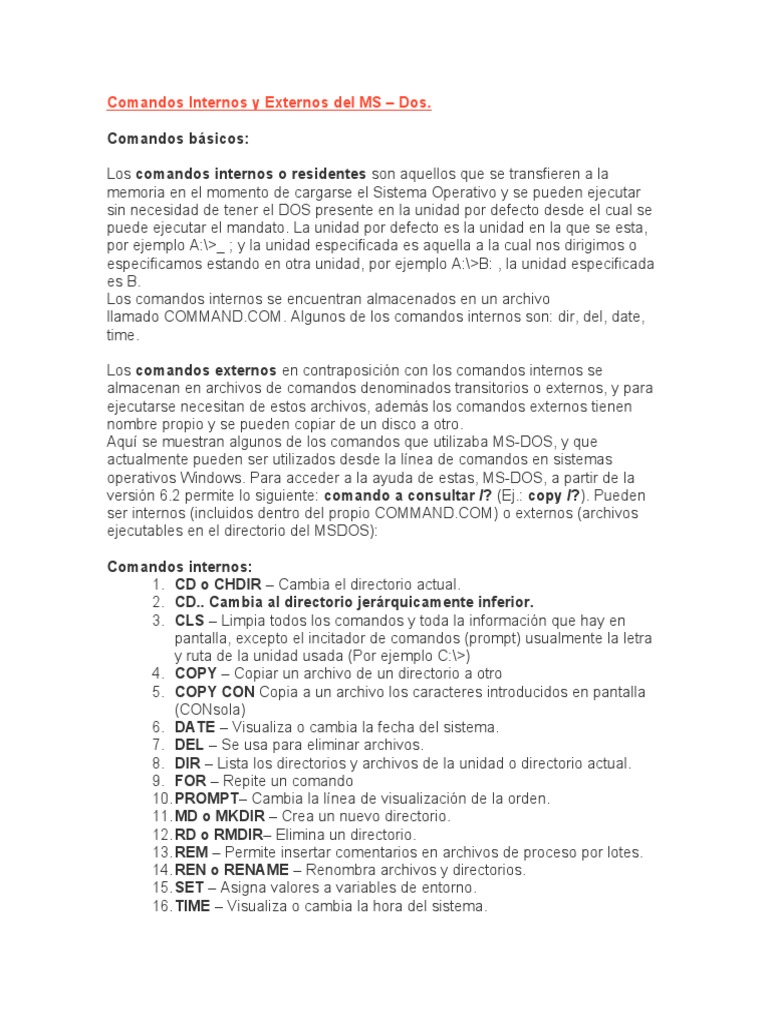 Comandos Internos y Externos en MS-DOS | PDF | Gestión de tecnología de ...