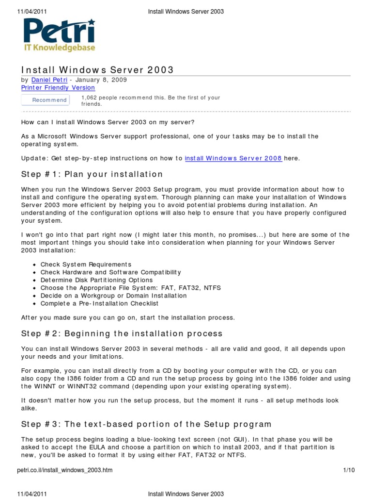 Install Windows Server 2003 | PDF | File System | Active Directory