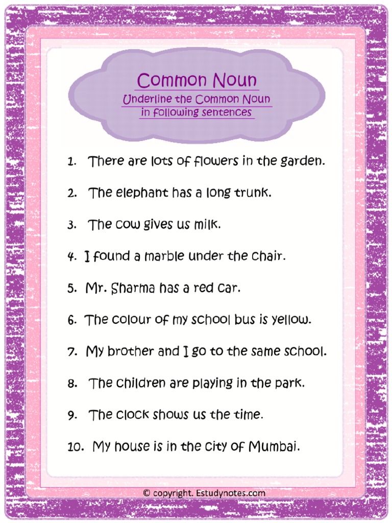 Common Noun Worksheet 1 - Underline | PDF, image size:768x1024