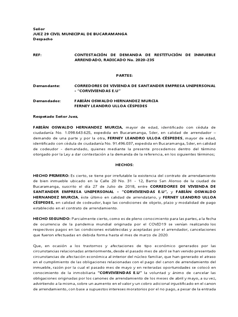 Contestación Demanda Restitución Inmueble | PDF | Demanda judicial ...