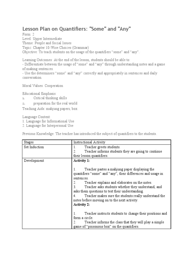 Lesson Plan On Quantifiers | PDF | Teachers | Lesson Plan