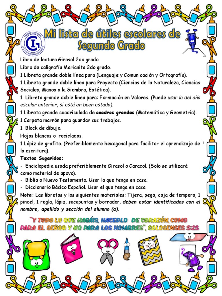 Lista de útiles 2do grado primaria 2025 | PDF | Hogar, jardinería y ...