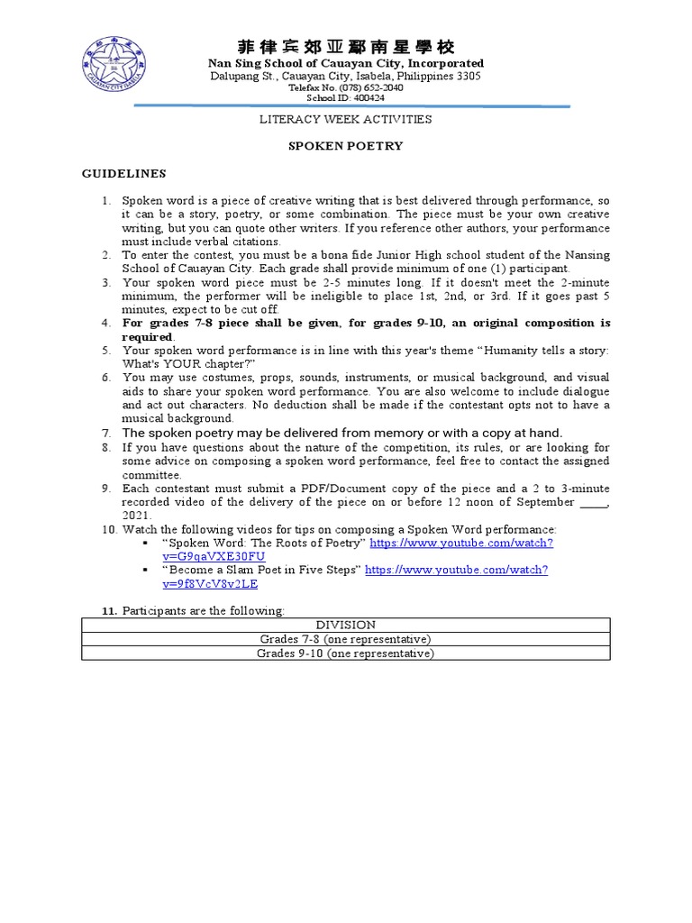 Spoken Poetry Contest Guidelines | PDF | Spoken Word | Poetry