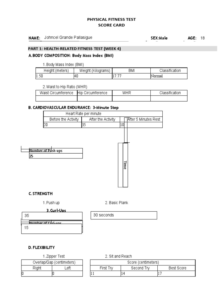 Score Card For Physical Fitness Test | PDF | Body Mass Index | Recreation