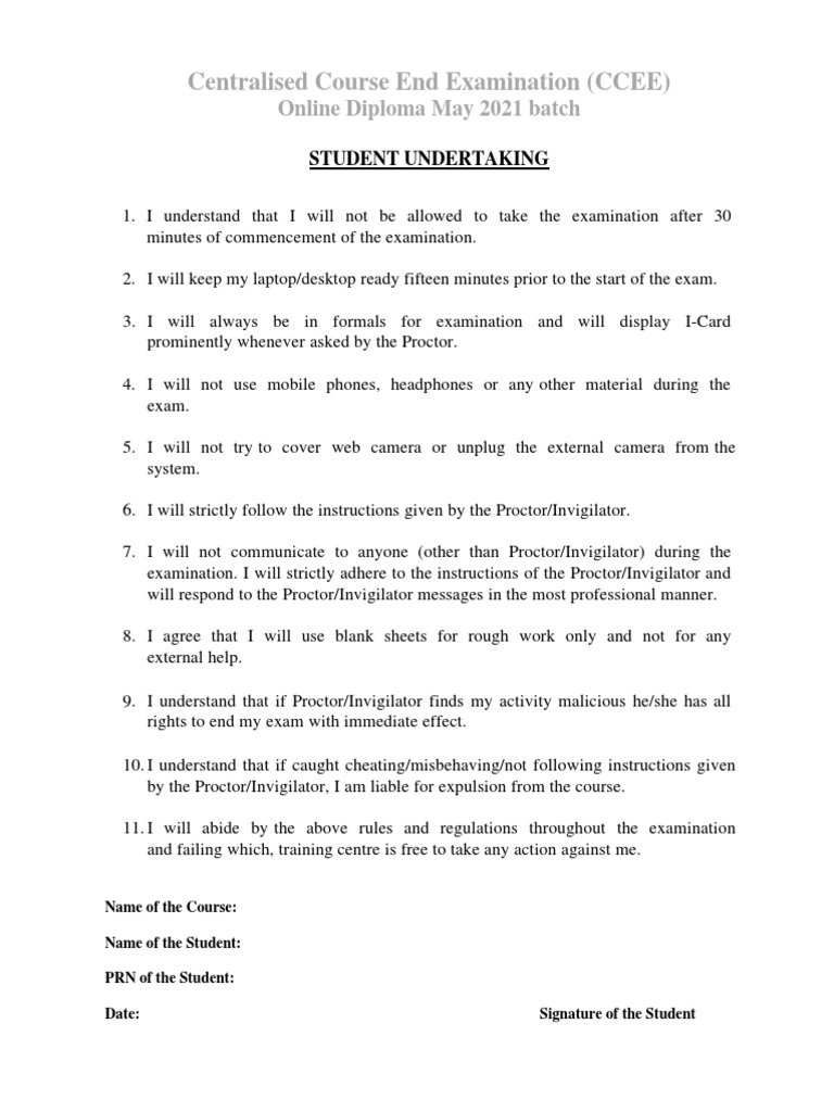 CCEE Exam Guidelines and Undertaking | PDF