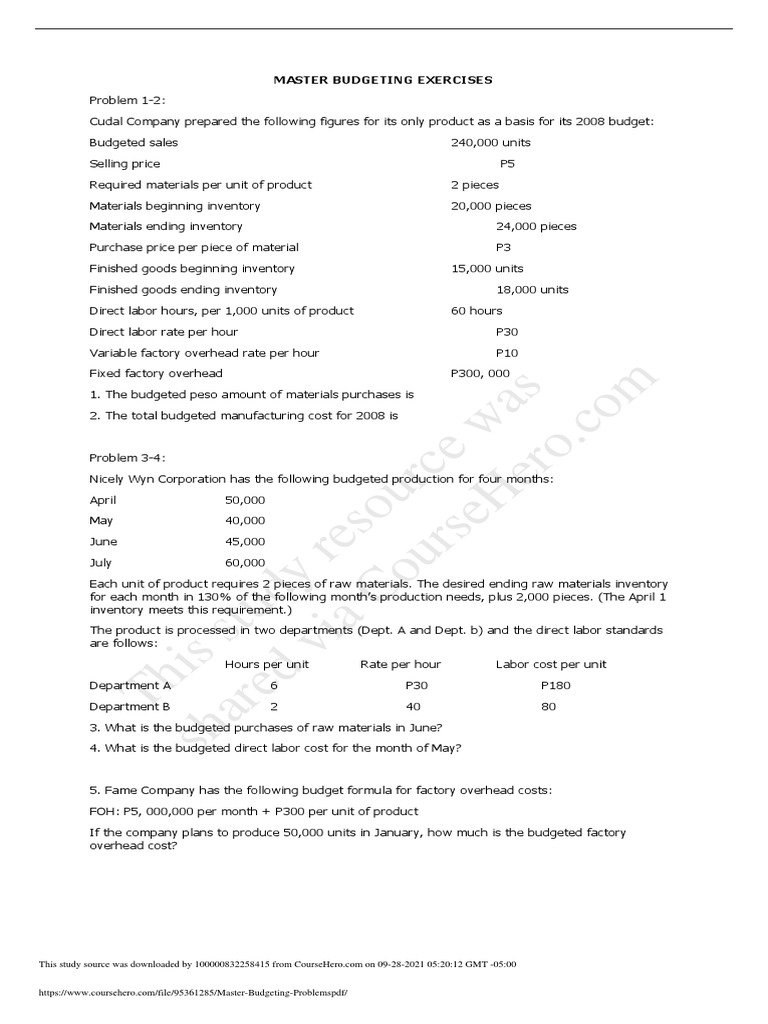 Master Budgeting Exercises and Solutions | PDF | Balance Sheet ...