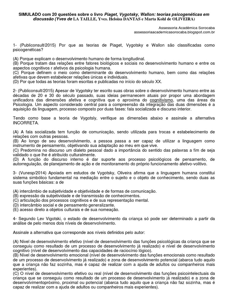 Simulado: Teorias de Piaget, Vygotsky e Wallon | PDF | Aprendizado ...