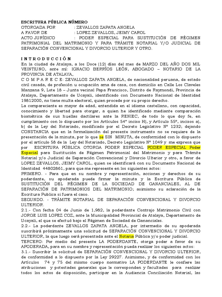 Poder Notarial para Divorcio y Separación | PDF | Divorcio | Propiedad ...