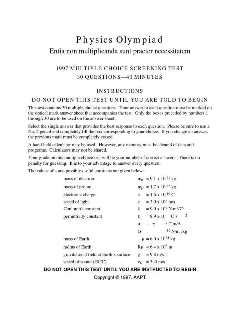 1997 Physics Olympiad Multiple Choise | PDF | Rotation Around A Fixed ...