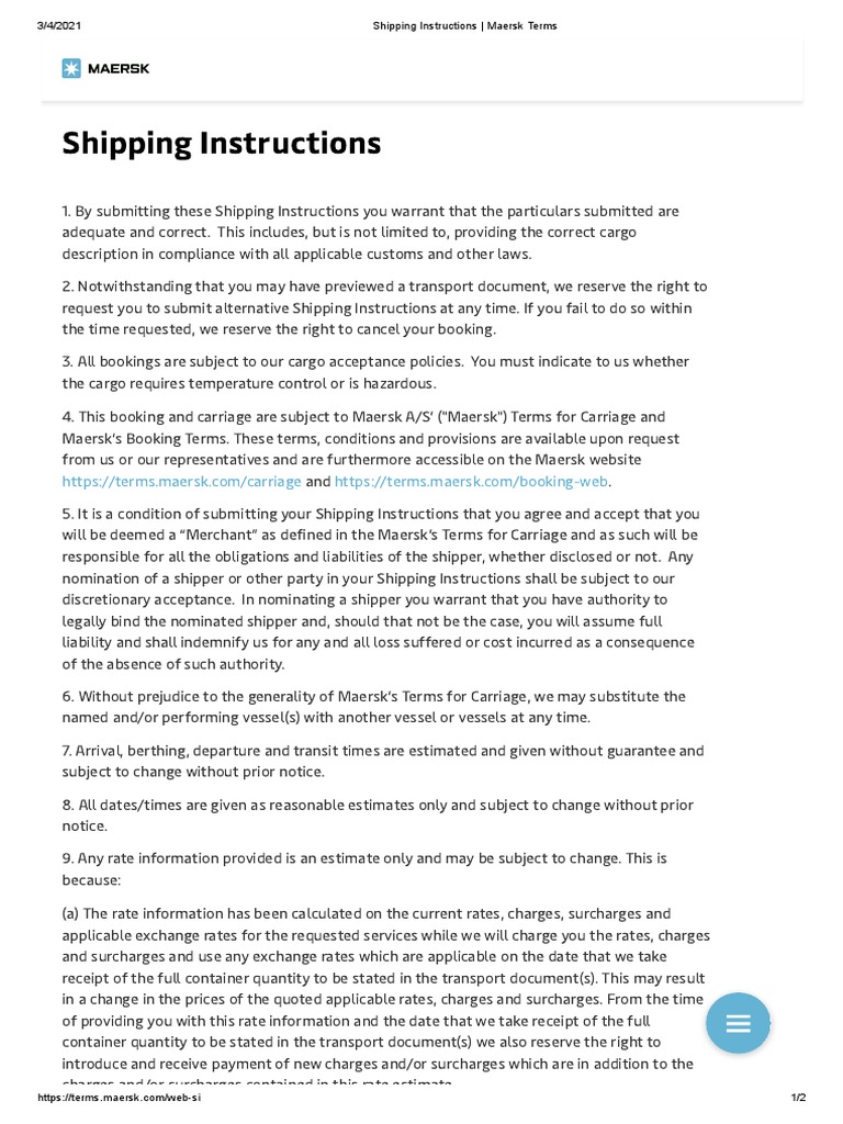 Shipping Instructions Maersk Terms PDF Receipt Indemnity