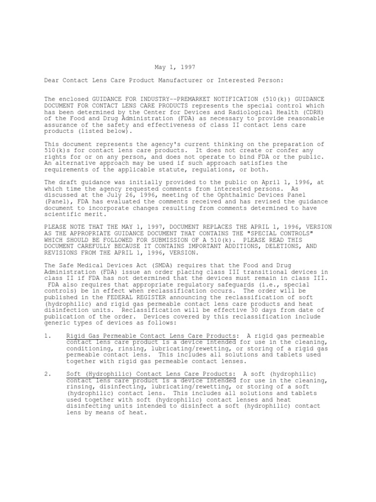 Premarket Notification 510 (K) Guidance For Contact Lens Care Products
