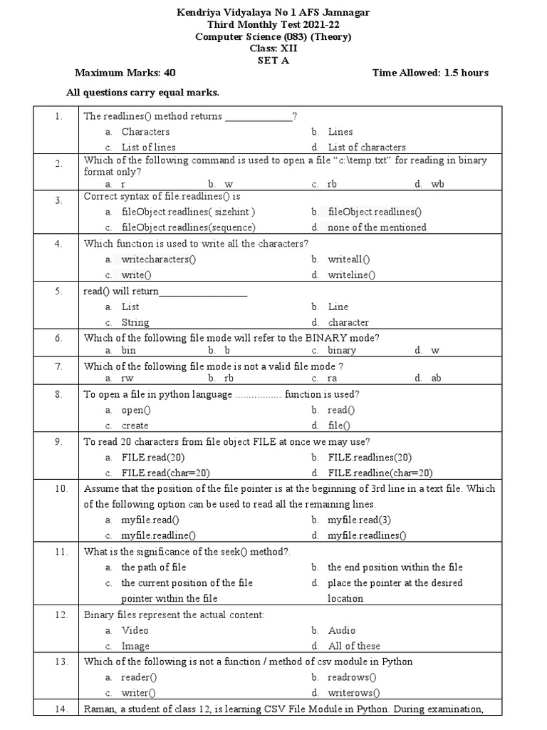 Computer Science Class XII Monthly Test | PDF | Computer File | Text File