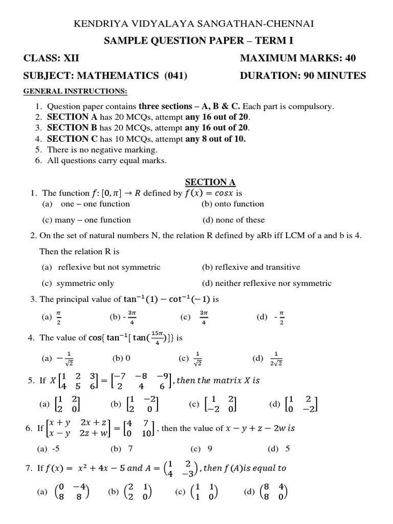 Class XII Mathematics Sample Paper | PDF | Maxima And Minima | Function ...
