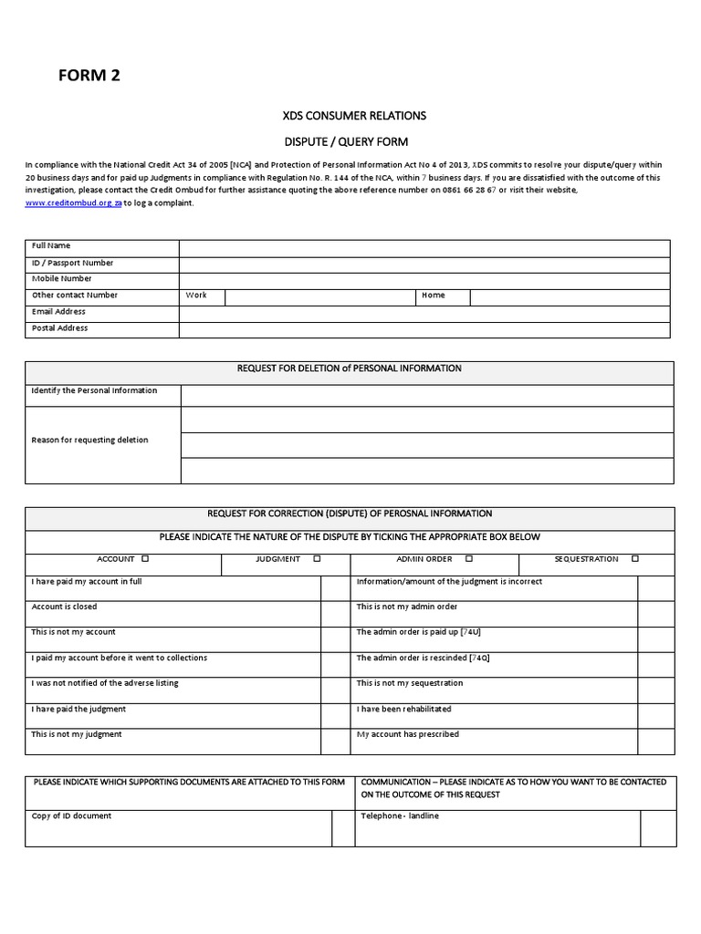 Form 2: Xds Consumer Relations Dispute / Query Form | PDF | Judgment ...