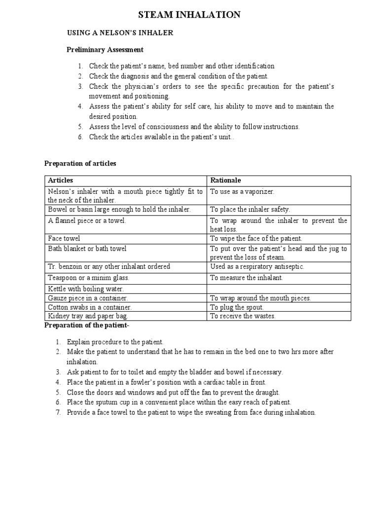 Nelson's Inhaler Steam Procedure Guide | PDF | Breathing | Respiratory ...