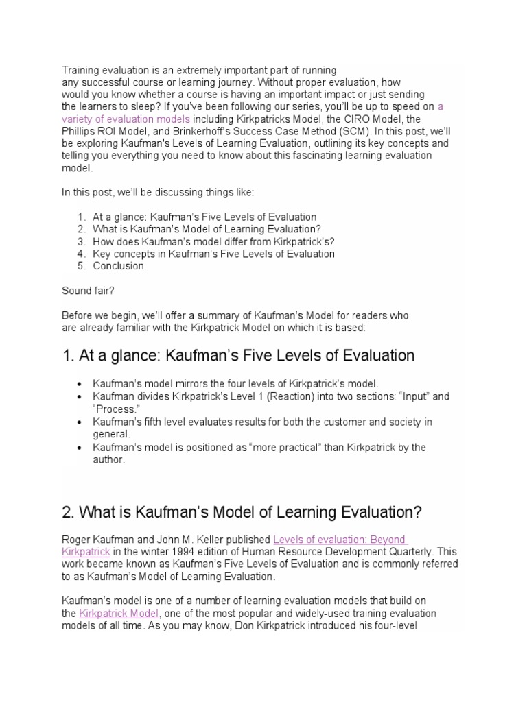 at A Glance Kaufman's Five Levels of Evaluation PDF Evaluation Learning