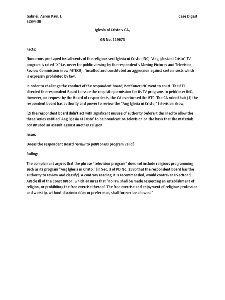 Iglesia ni Cristo v CA Case Summary | PDF