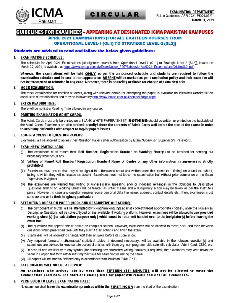 ICMA Pakistan April 2021 Exam Guidelines | PDF | Multiple Choice ...