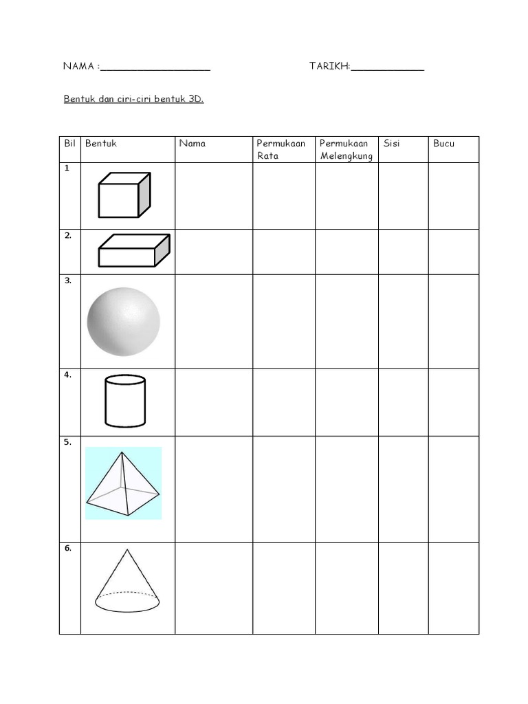 Latihan Matematik Bentuk 3D Dan Cirinya | PDF