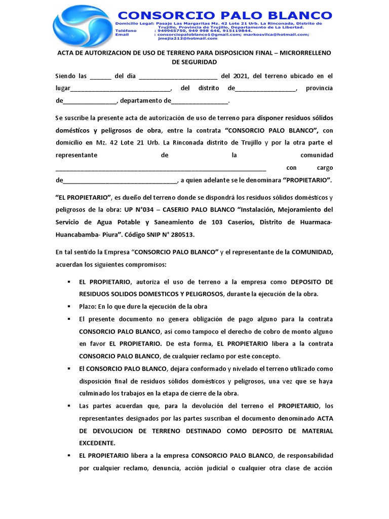 Acta de Autorización de Uso de Terreno | PDF | Justicia | Crimen y ...