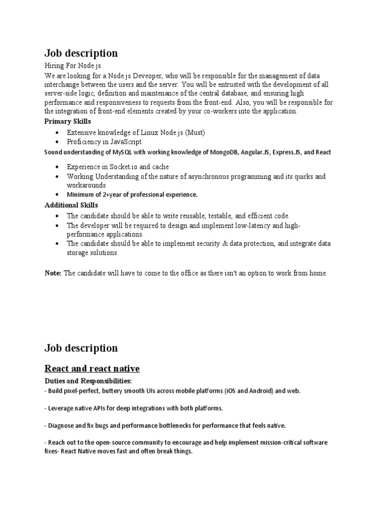 Job Description: React and React Native | PDF | Web Application | Page ...