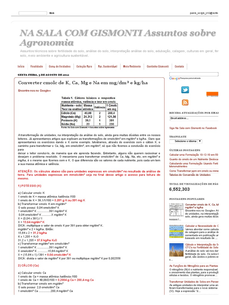 Transformando unidades de cátions em análise de solo cmolc/dm3 para mg