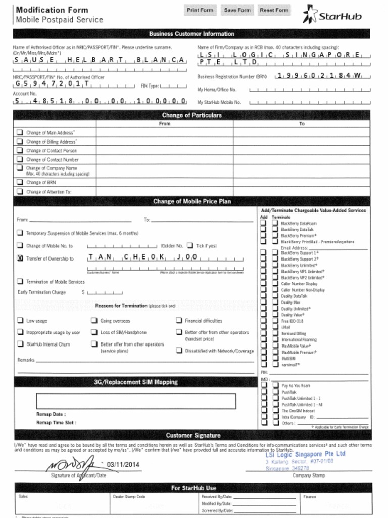 StarHub Mobile Service Application Form | PDF | Mobile Phones ...