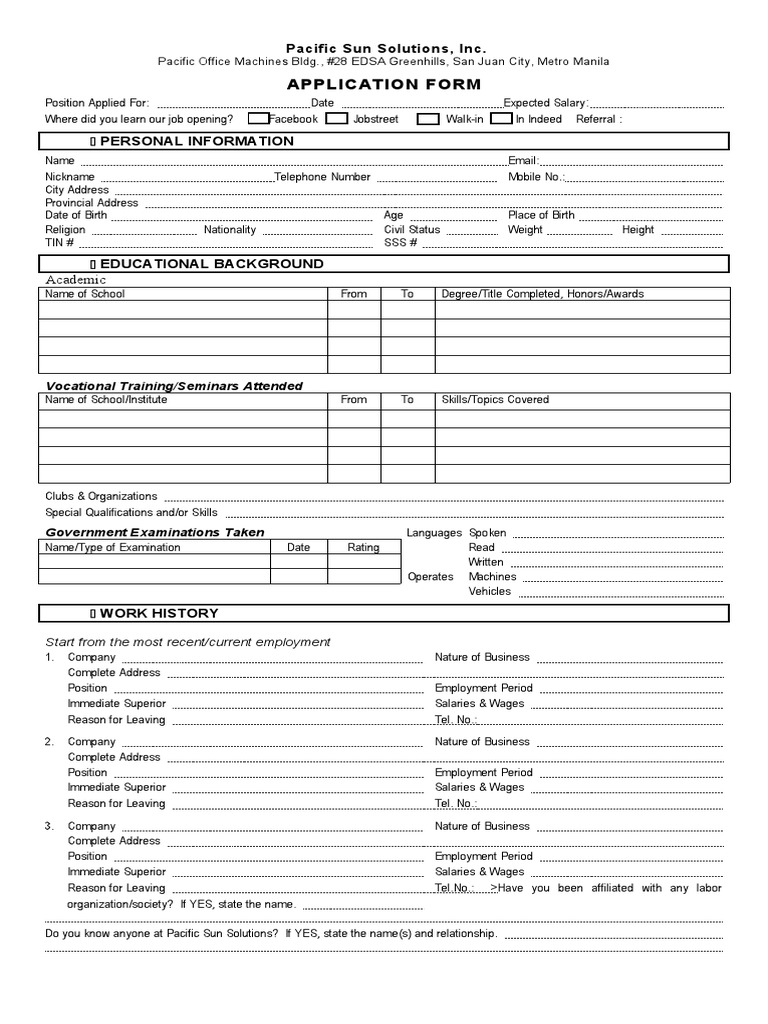 Pacific Sun Solutions Job Application Form | PDF | Employment