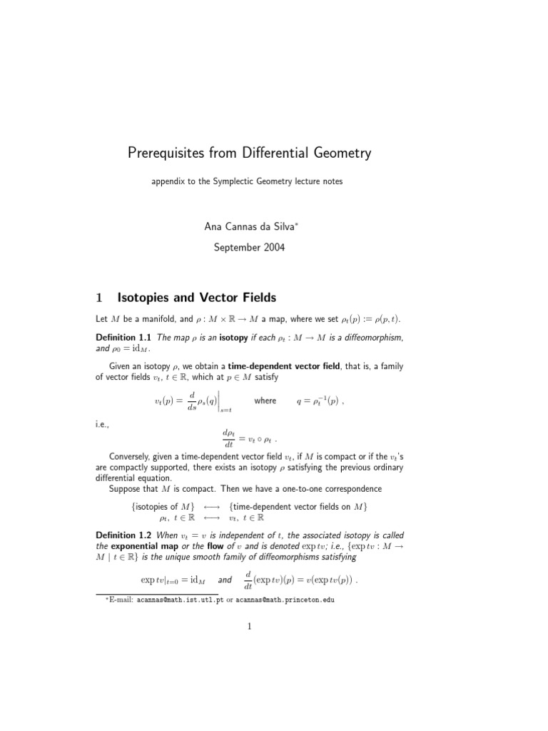 Prerequisites From Differential Geometry 1 Isotopies and Vector Fields PDF Mathematical