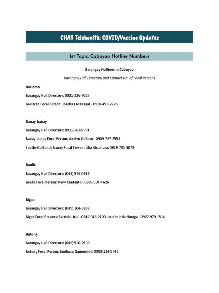 C A Tel A T CO /vac Up A S 1st Topic Cabuyao Hotline Numbers PDF
