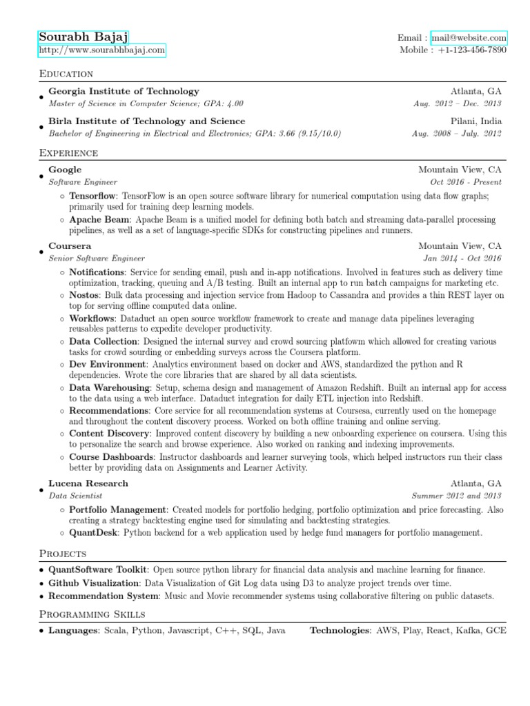 Google Software Engineer Resume | PDF | Web Application | Computing