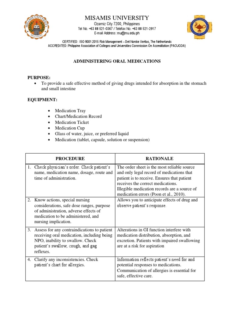 Procedure Checklist Oral Medication Administration | PDF | Tablet ...