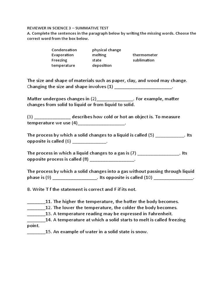 Reviewer in Science 3 - Summative Test | PDF