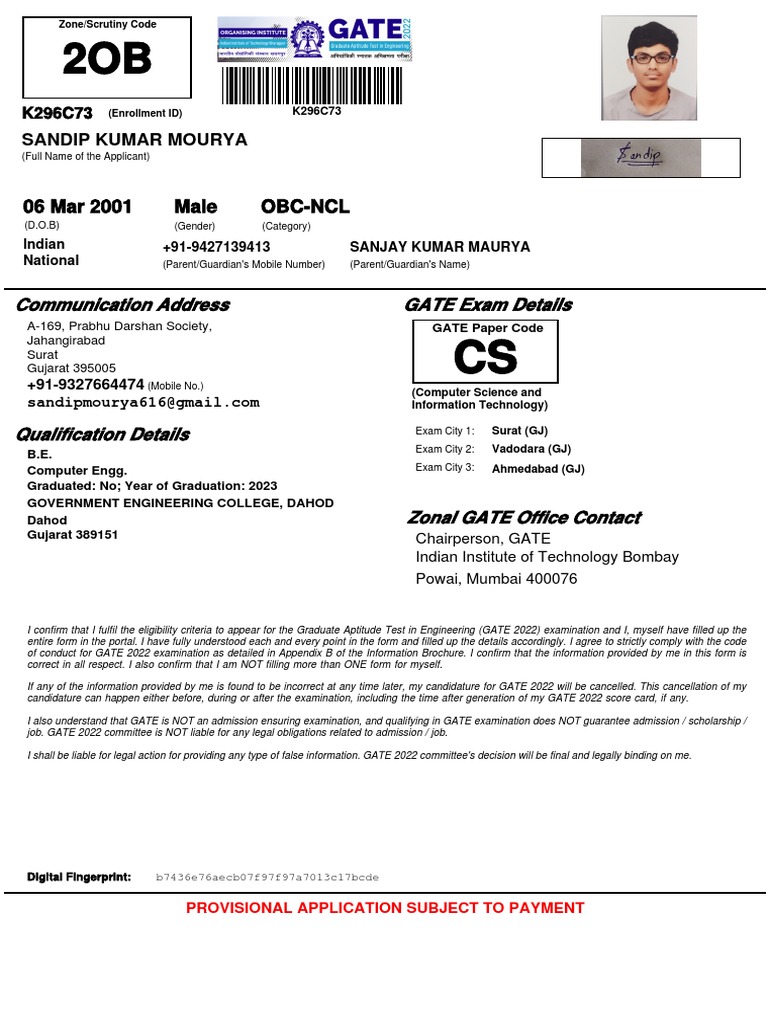 GATE 2022 Application for Sanjay Mourya | PDF