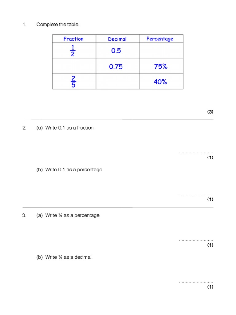 Fractions, Decimals, and Percentages Worksheet | PDF | Percentage ...