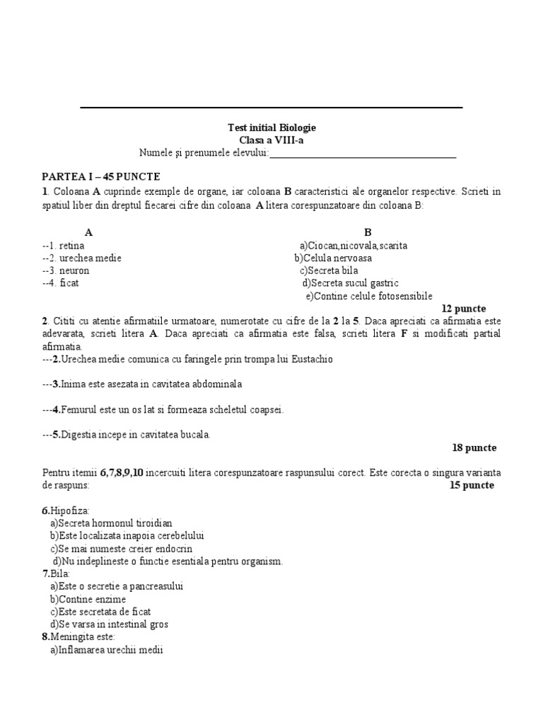 Dokumen - Tips - Test Initial Clasa A VIII A Biologie | PDF