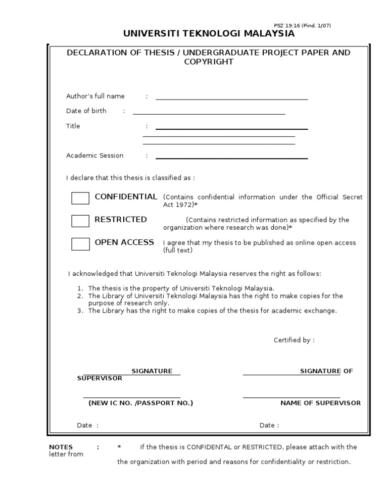 Thesisdeclarationform | PDF | Classified Information | Thesis