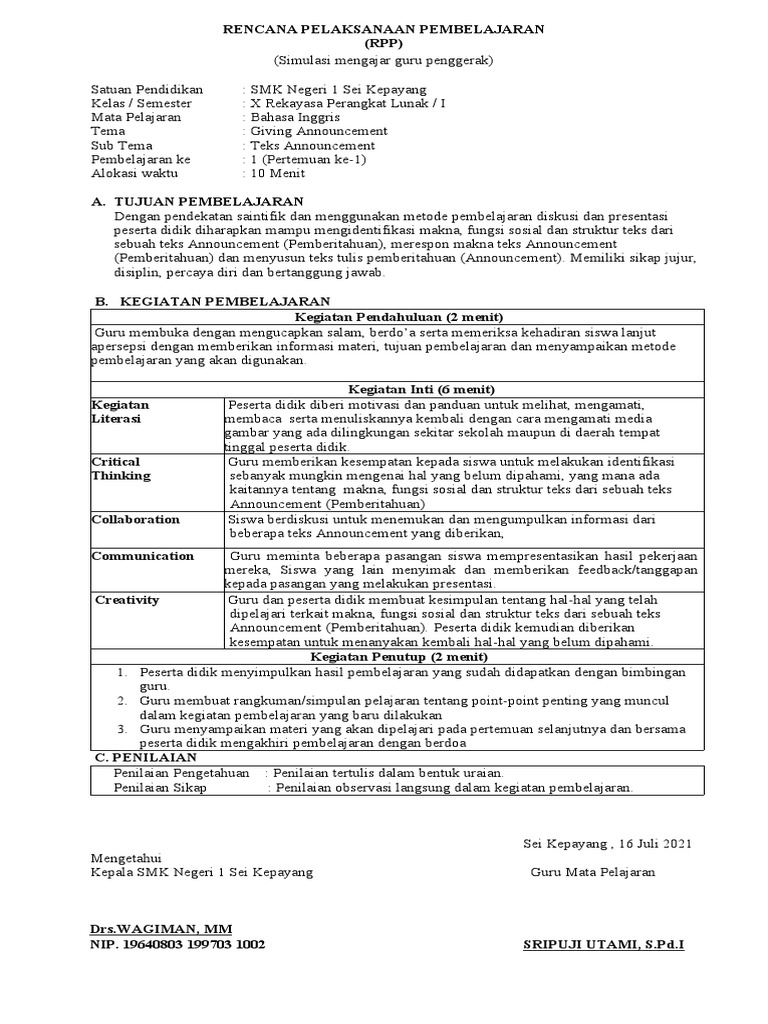 Contoh RPP Pembelajaran Bahasa Inggris | PDF