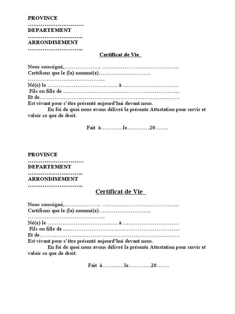 Formulaire Vierge Certificat de Vie PDF