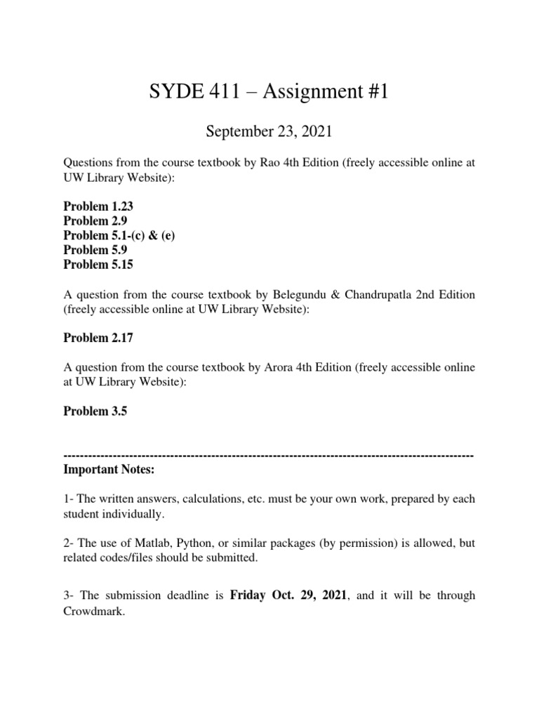 SYDE 411 - Assignment #1: September 23, 2021 | PDF | Mathematical ...