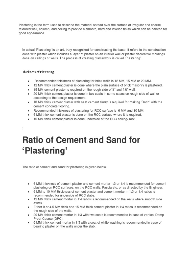 Ratio of Cement and Sand For Plastering' PDF Plaster Mortar (Masonry)