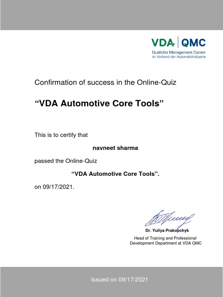 "VDA Automotive Core Tools" Confirmation of Success in The OnlineQuiz