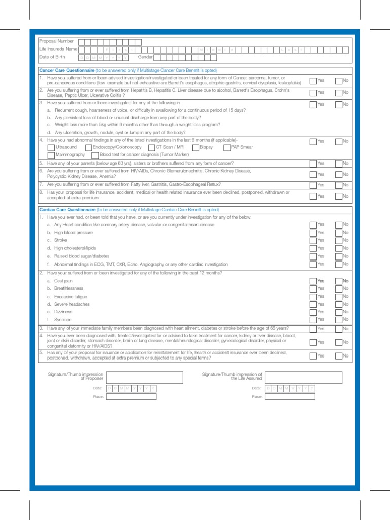 Life Insurance Proposal Form with Cancer Care and Cardiac Care