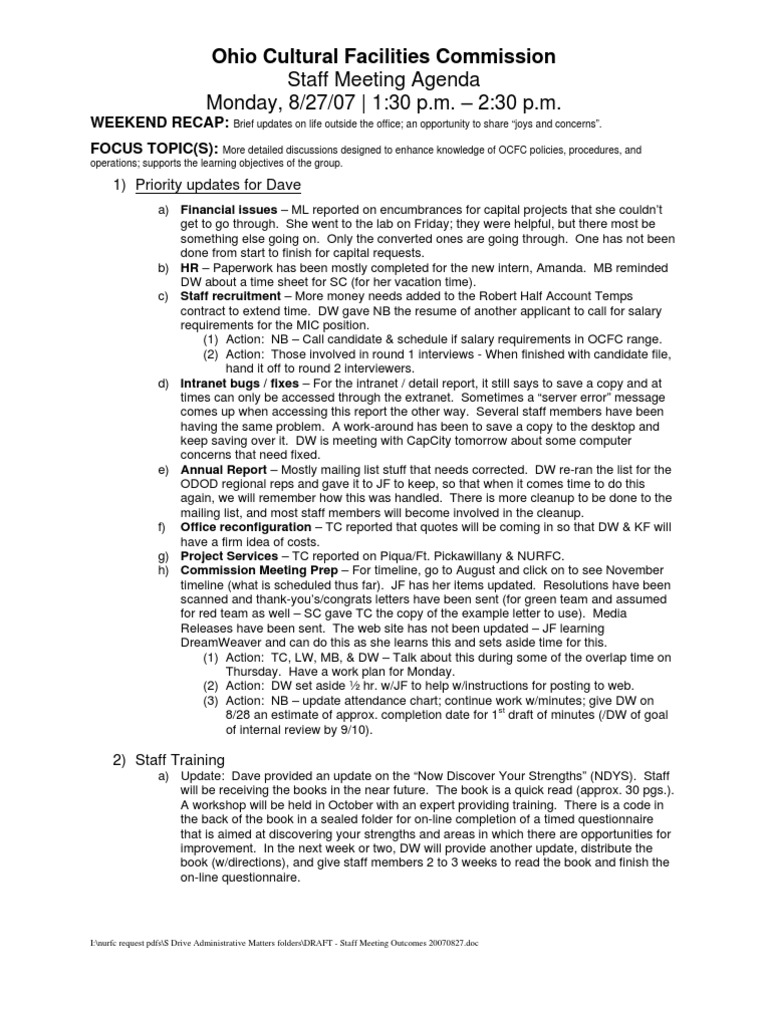 18-DRAFT - Staff Meeting Outcomes 20070827 | PDF | Computing | Software