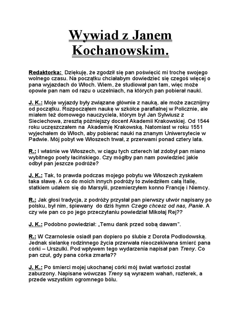 Opowiadanie Jeden Dzień Z życia Króla Wywiad Z Janem Kochanowskim | PDF
